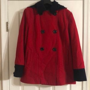 Pea coat, navy & red w/ detachable hood by Nautica
